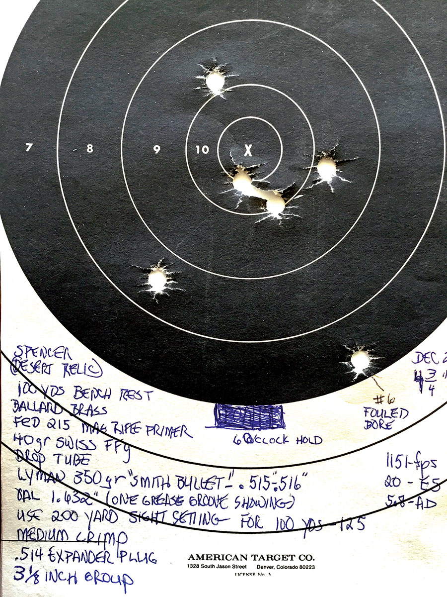 Benchrest target shot at 100 yards with my hunting load using Swiss FFg at 1,151 fps. After five shots with the heavy Swiss loads, I started to get flyers as shown with shot No. 6. Thereafter, I started wiping the bore after every five-shots while using the Swiss powder. These five record shots measured 3.2 inches.